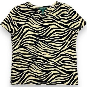 Lauren Ralph Lauren Women's Woven Cotton Black & Beige Tiger Stripe Tee, Size L